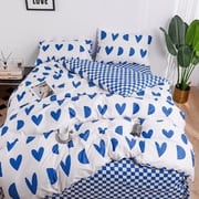 Luna Home King Size 6 Pieces Bedding Set Without Filler, Hearts And Checkered Design Blue And White Color