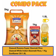 Daawat Rozana Super Basmati Rice 5Kg + White Indian Basmatii Rice, 1 Kg + Sunflower Oil 1.8L Daawat Rozana Super Basmati Rice 5Kg + White Indian Basmatii Rice, 1 Kg + Sunflower Oil 1.8L