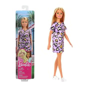 Barbie Doll Blonde Wearing Purple & Yellow Heart-Print Dress T7439