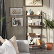 Mahmayi Industrial Ladder Shelf, 4-tier Bookshelf, Storage Rack Shelves, Bathroom, Living Room, Wood Look Accent Furniture, Metal Frame, Rustic Brown