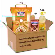 Daawat Rozana Super Basmati Rice 5Kg + White Indian Basmatii Rice, 1 Kg + Sunflower Oil 1.8L Daawat Rozana Super Basmati Rice 5Kg + White Indian Basmatii Rice, 1 Kg + Sunflower Oil 1.8L