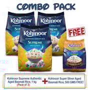 Kohinoor Supreme Authentic Aged Basmati Rice, 1 kg (Pack of 3)+Super Silver Aged Basmati Rice, 500 GMS Free Kohinoor Supreme Authentic Aged Basmati Rice, 1 kg (Pack of 3)+Super Silver Aged Basmati Rice, 500 GMS Free