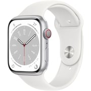 Apple Watch Series 8 GPS + Cellular 45mm Silver Stainless Steel Case with White Sport Band - Regular Apple Watch Series 8 GPS + Cellular 45mm Silver Stainless Steel Case with White Sport Band - Regular
