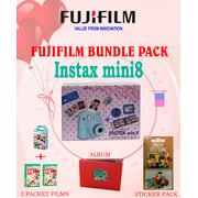 Fujifilm Instax Mini 8 Instant Film Camera Blue + 2 Pack Instax Mini Flim + 1 Pack Instax Stained Glass Film + Instax Decorative Photo Sticker + Instax Flipbook Album