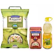 Daawat Rozana Gold Basmati Rice 5Kg + White Indian Basmatii Rice, 1 Kg + Sunflower Oil 1.8L Daawat Rozana Gold Basmati Rice 5Kg + White Indian Basmatii Rice, 1 Kg + Sunflower Oil 1.8L