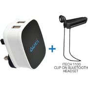 Nova AC500 Dual USB Wall Charger + Itech 1100 Bluetooth Voiceclip Headset Nova AC500 Dual USB Wall Charger + Itech 1100 Bluetooth Voiceclip Headset