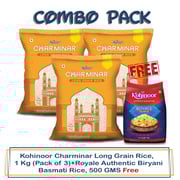 Kohinoor Charminar Long Grain Rice, 1 Kg (Pack of 3)+Royale Authentic Biryani Basmati Rice, 500 GMS free Kohinoor Charminar Long Grain Rice, 1 Kg (Pack of 3)+Royale Authentic Biryani Basmati Rice, 500 GMS free