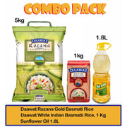 Daawat Rozana Gold Basmati Rice 5Kg + White Indian Basmatii Rice, 1 Kg + Sunflower Oil 1.8L Daawat Rozana Gold Basmati Rice 5Kg + White Indian Basmatii Rice, 1 Kg + Sunflower Oil 1.8L