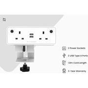 Navodesk Desk Hub and Clamp Power Strip With USB Charging Ports, 2 Way Power Extension, 3 Pin Plug With 1.8m Cord (White)