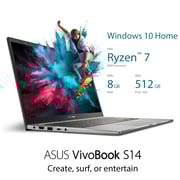 ASUS VivoBook S14 (2020) Laptop - AMD Ryzen 7-4700U / 14inch FHD / 8GB RAM / 512GB SSD / Shared AMD Radeon Graphics / Windows 10 Home / English & Arabic Keyboard / Indie Black / Middle East Version - [M433IA-EB488T]
