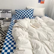 Luna Home King Size 6 Pieces Bedding Set Without Filler, Off White Color And Blue Checkered Design