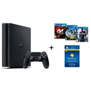 Sony PS4 Slim Gaming Console 500GB Jet Black + Gran Turismo The Real Driving Simulator Sport Game + Uncharted 4 A Thiefs End Game + Horizon Zero Dawn Complete Edition Game + 3 Months Playstation Plus Members