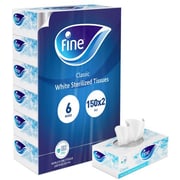 Fine, Facial Tissues, Classic, 150X2 Ply White Tissues, Pack Of 6 Boxes, 900 Tissues Fine, Facial Tissues, Classic, 150X2 Ply White Tissues, Pack Of 6 Boxes, 900 Tissues
