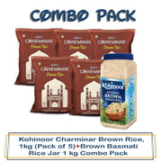 Kohinoor Charminar Brown Rice, 1kg (Pack of 5)+Brown Basmati Rice Jar 1 kg Combo Pack Kohinoor Charminar Brown Rice, 1kg (Pack of 5)+Brown Basmati Rice Jar 1 kg Combo Pack