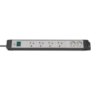 Brennenstuhl Premium-Line Technics, 6-way extension lead (2x earthed sockets and 4x BS sockets, switch and 3m cable - 45 angle of sockets) colour: black / light grey