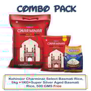 Kohinoor Charminar Select Basmati Rice, 5kg +1KG+Super Silver Aged Basmati Rice, 500 GMS Free