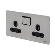 Schneider Electric Ultimate Screwless Flat Plate - Double Switched Power Socket, 13a, Gu3420bss, Stainless Steel With Black Insert Schneider Electric Ultimate Screwless Flat Plate - Double Switched Power Socket, 13a, Gu3420bss, Stainless Steel With Black Insert