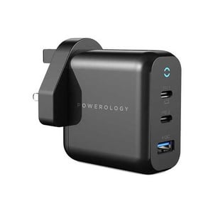 Powerology Wall Charger, Type C Power Delivery, 3-Port 65W Gan Charger With Pd Uk, Laptop Charger - Black