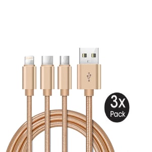 Xcell Cable With Micro USB,Type C & Lightning Gold X3 Pack