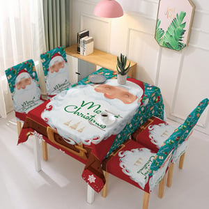 Deals For Less - High Quality Christmas Table Linen Cloth With 4 Chair Covers, Santa Claus Design Green Color