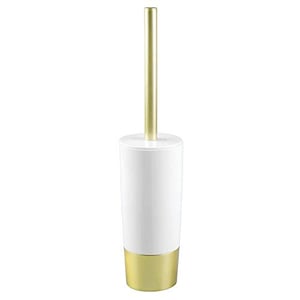 Mdesign Decorative Compact Freestanding Plastic Toilet Bowl Brush And Holder For Bathroom Storage And Organization - Metal Handle/Base - Space Saving, Sturdy, Deep Cleaning - White/Gold Brass