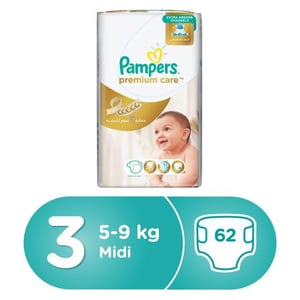 Pampers premium care diapers size 3 midi 5-9 kg value pack 62 count