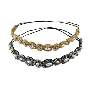 yueton Pack Of 2 Handmade Crystal Rhinestone Beads Elastic Headband Hair Band Women Accessories - Navy Blue + Gold
