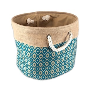 Dii Collapsible Burlap Storage Basket Or Bin With Durable Cotton Handles, Home Organizational Solution For Office, Bedroom, Closet, Toys, & Laundry (Small Round - 12X9"), Teal Ikat