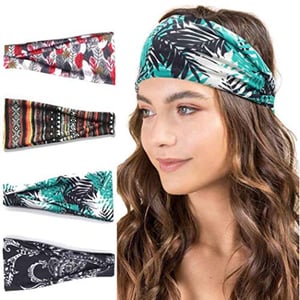 Catery Boho Headbands Floal Style Headband Headpiece Bohemia Wide Knot Twisted Head Wrap Hair Band Vintage Stylish Cloth Elastic Fabric Sweat Hairbands Fashion Accessories For Women - Pack Of 4