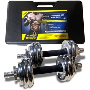 

Sparnod Fitness 15kg Adjustable Dumbbell Weight Set With 2 Rods and 12 Weight Plates - Chrome Dumbbells with Anti-slip Grip & Carry Case (SD-15)