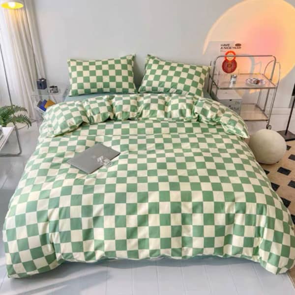 Luna Home Queen/double Size 6 Pieces Bedding Set Without Filler, Green Checkered Design