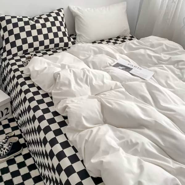 Luna Home Queen/double Size 6 Pieces Bedding Set Without Filler, Plain White And Black Checkered Design Luna Home Queen/double Size 6 Pieces Bedding Set Without Filler, Plain White And Black Checkered Design