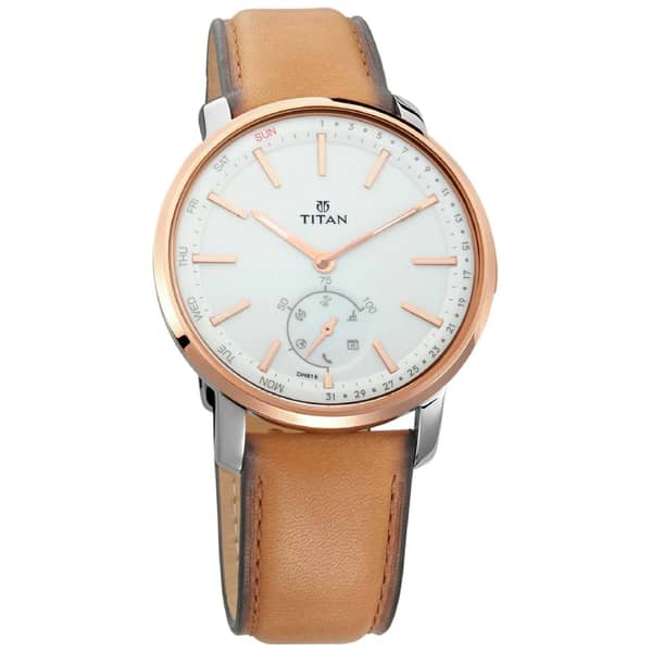 Titan, 1785KL01, Men's Connected Hybrid Watch Analog, White Dial & Brown Leather Band