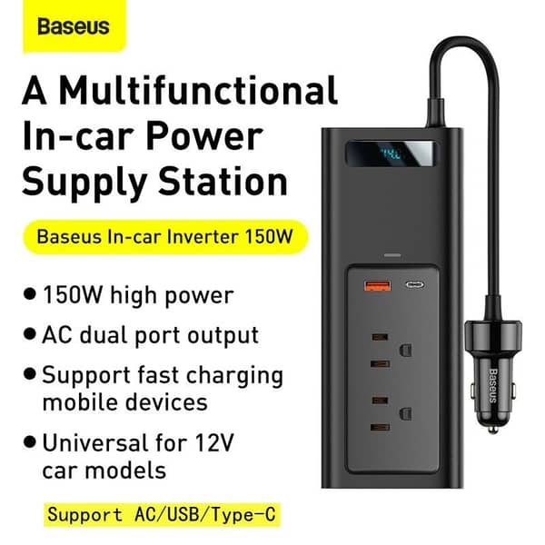 Baseus In- Car Inverter 150w Digital Display Dc 12v To Ac 220v Auto Converter Fast Charger