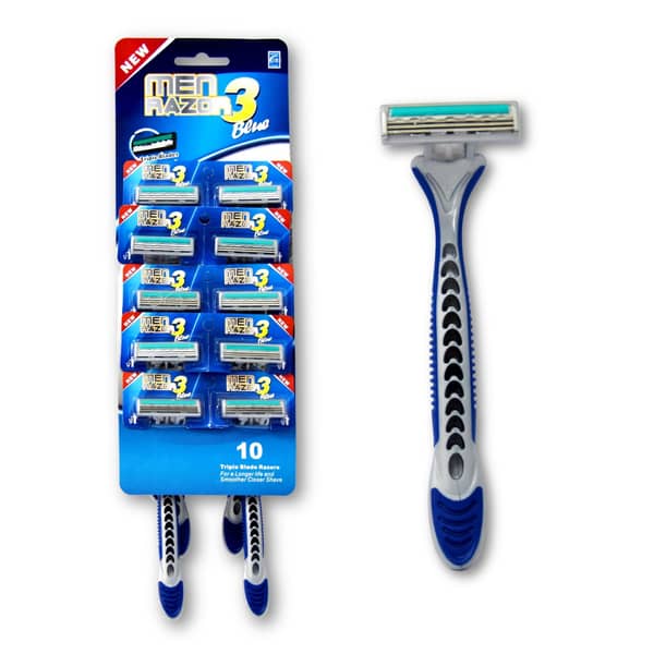 Gillette Men Razor 3 Blue 3 Lames Soft Grip Handle Soft Skin Disposable Triple Blade Razors, 10 count