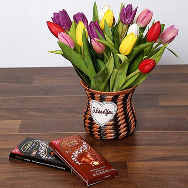 Quaint Mixed Tulips Basket & Chocolates