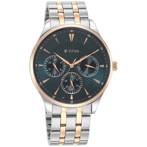Titan, 90127KM02, Mens Opulent III Collection Analog Watch, Green Dial & Silver Stainless Steel Band