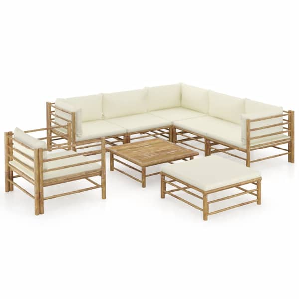 vidaXL 8 Piece Garden Lounge Set with Cream White Cushions Bamboo vidaXL 8 Piece Garden Lounge Set with Cream White Cushions Bamboo