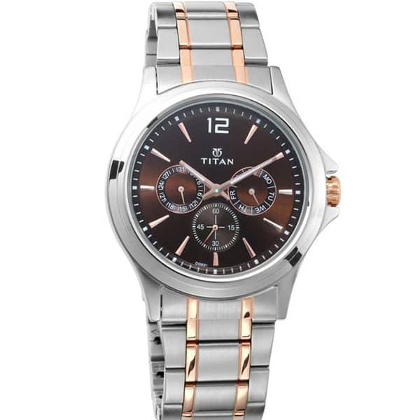 Titan, 1698KM01, Mens Watch Classique Collection Analog, Brown Dial Silver & Gold Stainless Band Titan, 1698KM01, Mens Watch Classique Collection Analog, Brown Dial Silver & Gold Stainless Band