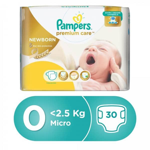 Pampers Premium Care Diapers, Size 0, Newborn, < 2,5 kg, Carry Pack, 30 Count