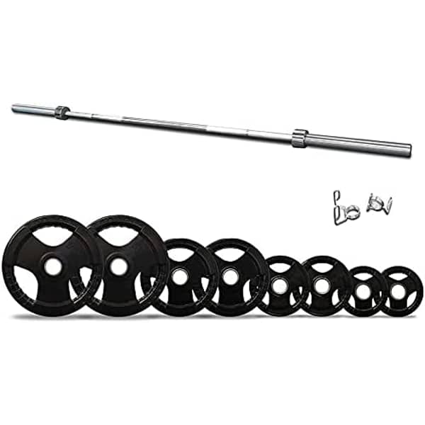 ULTIMAX Olympic Barbell Bar with Tri-Grip Rubber Plate Set for Body Pump Home Gym, Weightlifting, and Strength Training-(7 ft-120kg) ULTIMAX Olympic Barbell Bar with Tri-Grip Rubber Plate Set for Body Pump Home Gym, Weightlifting, and Strength Training-(7 ft-120kg)