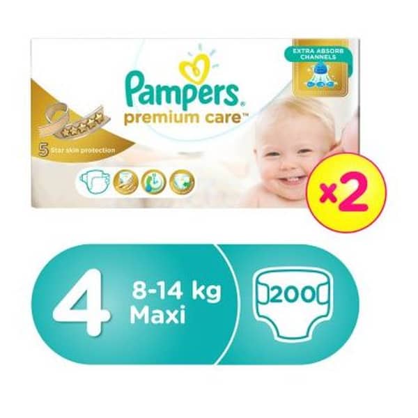 Pampers premium care diapers, size 4, maxi, 8-14 kg, double mega box, 200 count