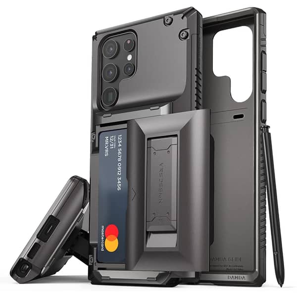 Vrs Design Damda Glide Hybrid Designed For Samsung Galaxy S22 Ultra Case Cover (2022) Wallet [semi Automatic] Slider Credit Card Holder Slot [3-4 Cards] & Kickstand - Metal Black