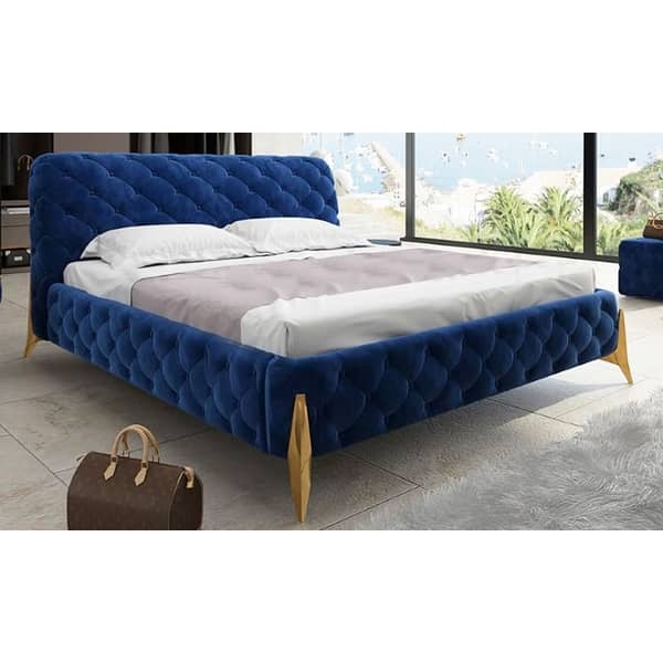 A To Z Furniture - Modrest Legend Modern Navy Blue Velvet Bed In King Size With Mattress