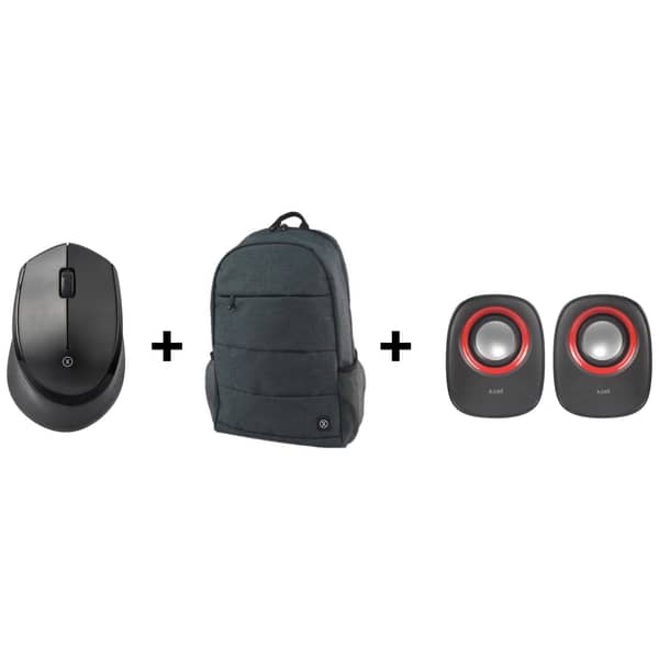Xcell M200WL Wireless Comfort Mouse + BP200 Laptop Backpack 15.6inch + SP101 Wired Desktop Speaker