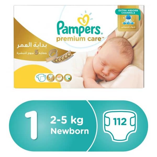 Pampers premium care diapers size 1 newborn 2-5 kg mega box 112 count Pampers premium care diapers size 1 newborn 2-5 kg mega box 112 count
