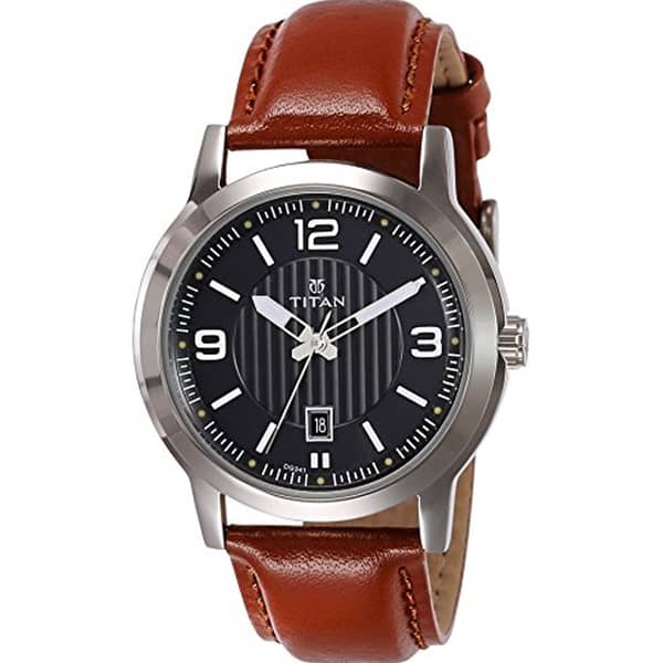 Titan, 1730SL02, Mens Watch Classique Collection Analog, Black Dial Brown Leather Band