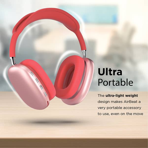 Promate Wireless Bluetooth Headphones, Ergonomic Over-ear Adjustable Bluetooth 5.0 Headset With Mic, Fm Radio, Tf Card Slot And Wired Mode 3.5mm Jack For Iphone 12, Gym, Travel, Office, Airbeat Red