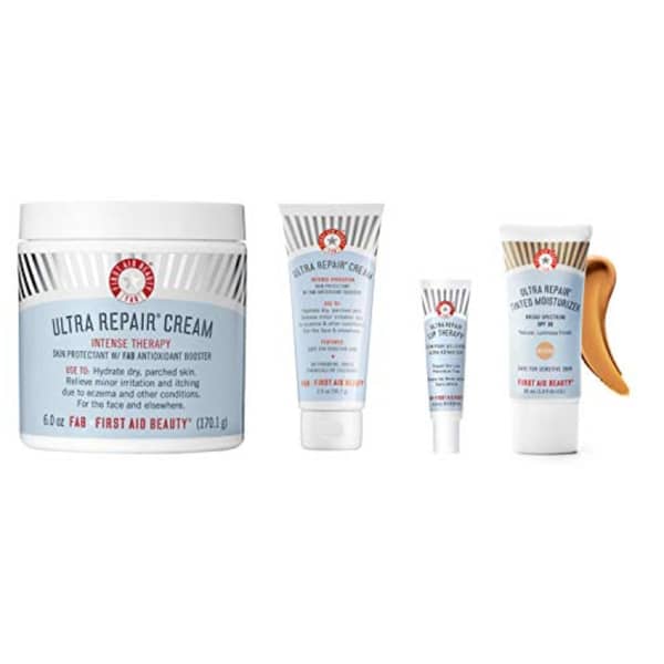 First Aid Beauty Custom Shade Kit: Limited Edition Best Sellers Set. Includes Ultra Repair Cream (6 oz) and (2 oz), Tinted Moisturizer-Medium (1.0 oz), and Lip Therapy (0.5 oz)