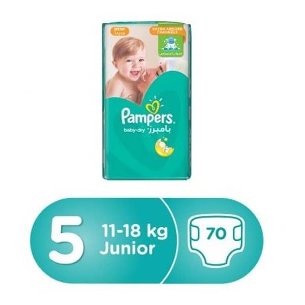 Pampers baby-dry diapers, size 5, junior, 11-18 kg, mega pack, 70 count